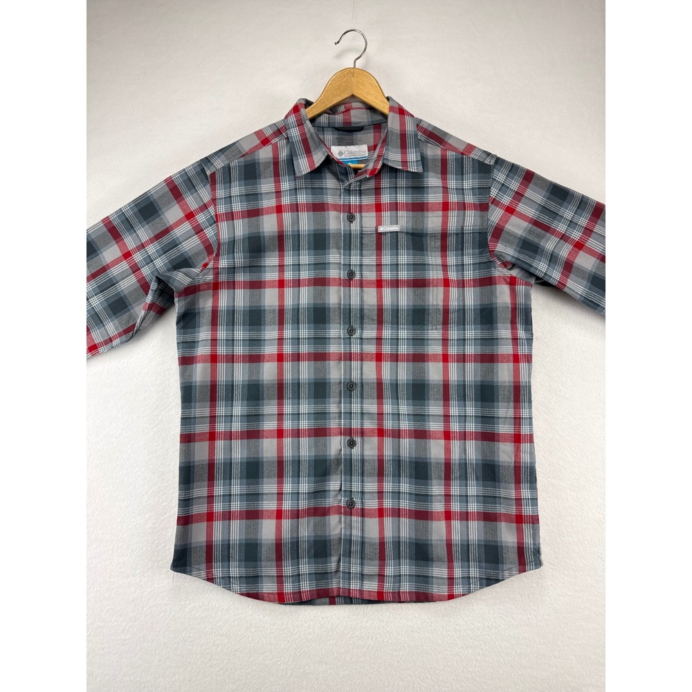 Columbia Plaid Button Down Shirt Mens Medium Red Gray Omni Wick Long Sleeve